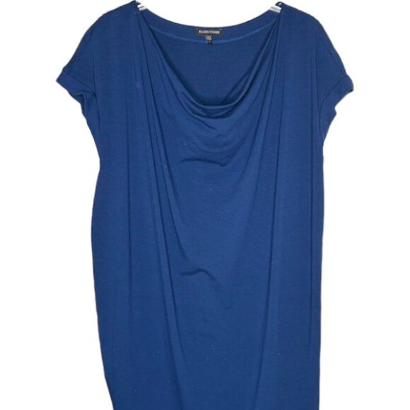 Eileen Fisher Jersey Dress with Cap Sleeves and Draped Neckline - Navy Blue - S - Picture 3 of 9